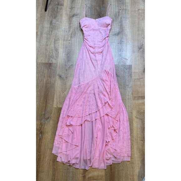 90s Y2K City Triangles Pink Floral Pattern Cottagecore Midi Dress With Ruffled H - Picture 6 of 13